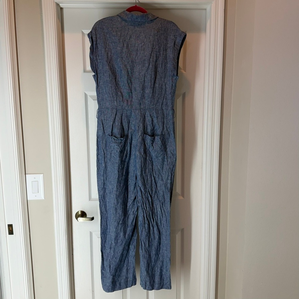 Boden Jumpsuit Women's 8 Tall Catriona Linen Blue Chambray Tie Belt Missing - Picture 4 of 15